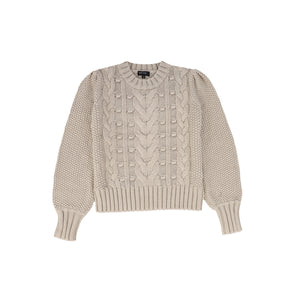 Bamboo Oatmeal Braided Cable Knit Puff Sleeve Sweater