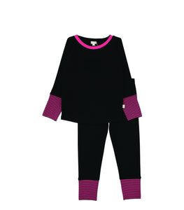 Lil Legs Black/Hot Pink Striped Cuff Lounge Set