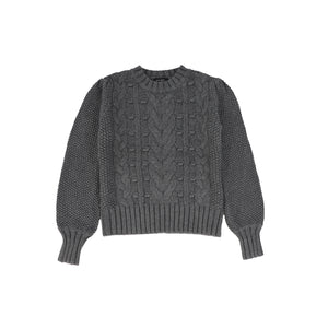 Bamboo Grey Braided Cable Knit Puff Sleeve Sweater