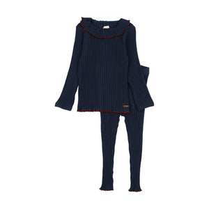 Lil Legs Navy/Red Contrast Ruffle Collar Ribbed Set (Suspender Legging)