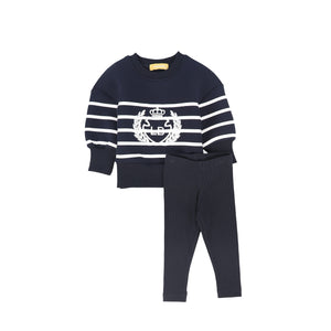 Le Bourdon Navy Striped Embroidered Crest Sweatshirt Set