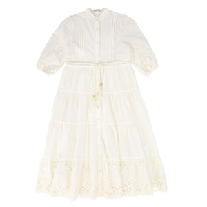 Valentina Ivory Tiered Button Down Eyelet Dress