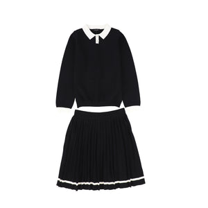 Bamboo Black Knit Trim Sweater and Pleated Skirt Set