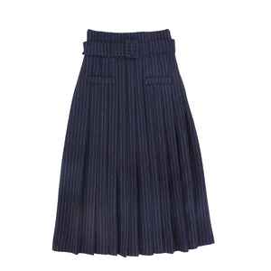 Valentina Navy Pinstripe Buckle Pleated Midi Skirt