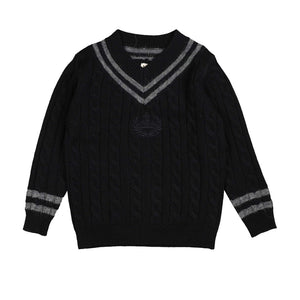 Belati Navy Cable V-Neck Emblem Knit Sweater