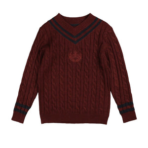 Belati Wine Cable V-Neck Emblem Knit Sweater