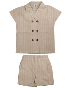 Noma Beige Double Breasted Collared Pin Striped Shirt and Shorts Set