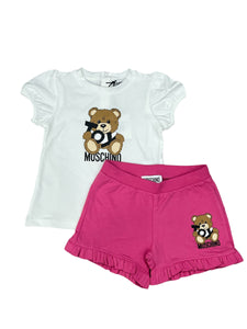 Moschino White Pink Toy Bear Print SS Tee & Ruffled Short Set