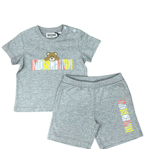 Moschino Grey Melange Bear Txt Logo Print Baby SS Tee & Short Set