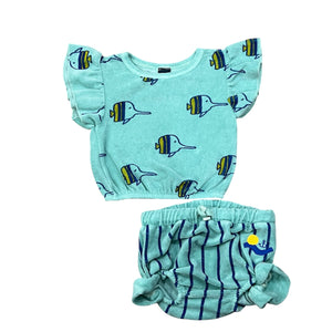Bonmot Dusty Aqua Frilles Fishes Terry T-shirt & Bloomer Set