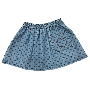 Piupiuchick Washed Blue Denim w/ Black Hearts Elastic Waist Short Skirt