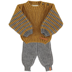 Piupiuchick Camel & Grey Stripes Knitted Baby Set