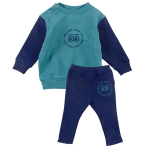 Loud Turquoise/Navy Tree Baby Sweater & Navy Book Legging Set