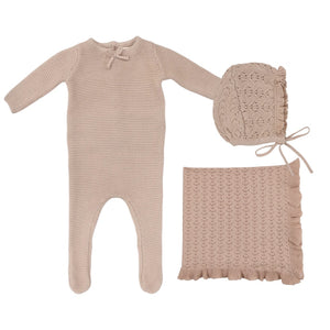 Lilette Pink Knit Girls 3 Piece Set (Footie + Blanket + Bonnet)