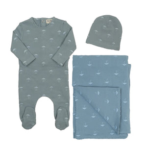 Bee & Dee All Over Embroidered Medium Blue Footie + Beanie + Blanket