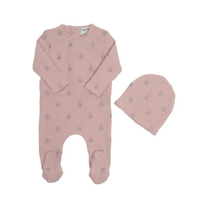 Bee & Dee All Over Embroidered Petal Pink Footie w/ Beanie