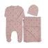 Bee & Dee All Over Embroidered Petal Pink Footie + Beanie + Blanket