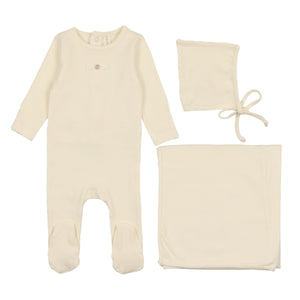 Lilette Ivory Pointelle Circle Footie Blanket and Hat 3 piece Set