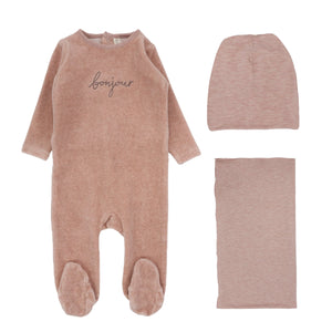 Lilette Heathered Pink Velour Bonjour 3Pc Set (Footie+Hat+Blanket)