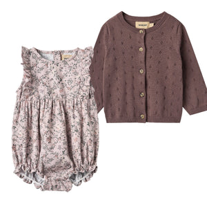 Wheat Lavender Iris Emmaline Romper & Plum Maia Knit Cardigan Set