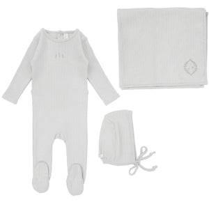 Lilette Powder Blue Striped Pointelle 3Pc Set (Footie+Hat+Blanket)