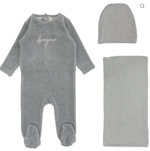 Lilette Heathered Blue Velour Bonjour 3Pc Set (Footie+Hat+Blanket)