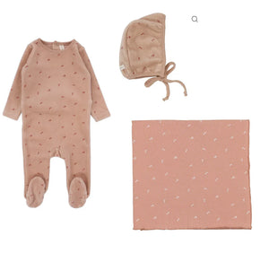 Lilette Pink Scattered Cherry Velour 3Pc Set (Footie+Hat+Blanket)