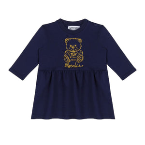 Moschino Blue Navy Bear Logo Drawing Baby Girl LS Dress