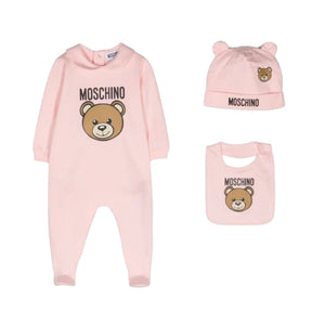 Moschino Sgr Rose Bear Print Baby LS Footie + Hat + Bib Gift Set