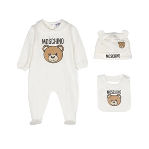 Moschino Cloud Bear Print Baby LS Footie + Hat + Bib Gift Set