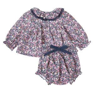 Tocoto Navy Flowers Baby Blouse Print & Bloomers Set