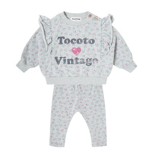 Tocoto Vintage Vigorous Grey Flowers Print Baby Sweatshirt & Plush Legging Set