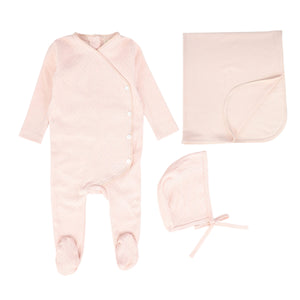 Bebe Jolee Pink Pointelle 3 Pc Set (Piped Wrap Footie + Bonnet+Blanket)