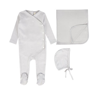 Bebe Jolee Blue Pointelle 3 Pc Set (Piped Wrap Footie + Bonnet+Blanket)