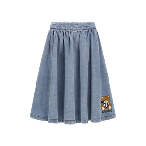 Moschino Faded Denim Toy Bear Print Flared Light Denim Skirt