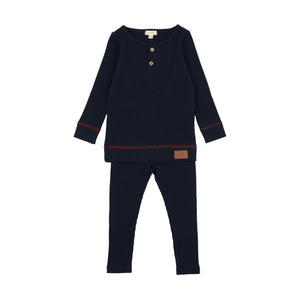 Lil Legs Navy/Red  Henley Ribbed Set