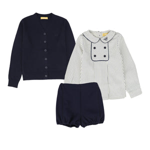 Le Bourdon 3 Piece Navy Shirt, Cardigan and Bubble Bloomer Set