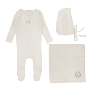 Lilette Cream/Branch Striped Pointelle 3Pc Set (Footie+Hat+Blanket)