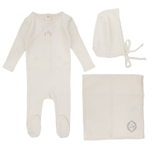 Lilette Cream Floral Striped Pointelle 3Pc Set (Footie+Hat+Blanket)