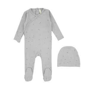 Lilette Clover Dusty Blue Printed Wrapover 3Pc Set (Footie+Hat+Blanket)