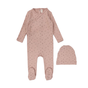 Lilette Scattered Branch Pink Printed Wrapover 3Pc Set (Footie+Hat+Blanket)