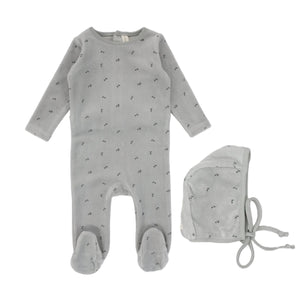 Lilette Light Blue Scattered Cherry Velour 3Pc Set (Footie+Hat+Blanket)