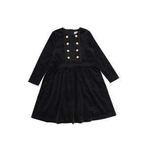 One Child Black Core Velour Waisted Button Dress