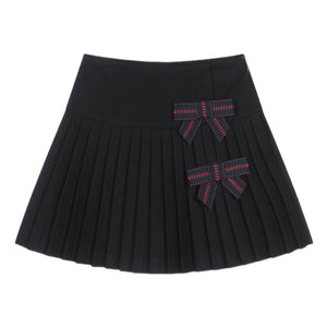 Patachou Navy Blue Pleated Flannel Skirt with Bows