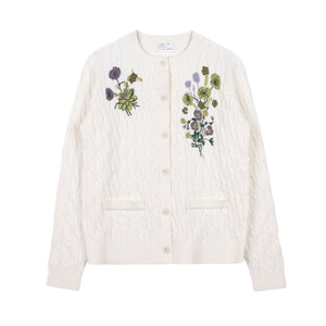 Lilou Ivory Manso Embroidered Floral Cable Knit Cardigan