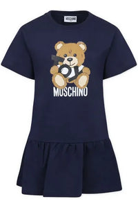 Moschino Blue Navy Toy Bear Logo Print SS Dress