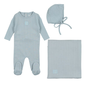 Bee and Dee Blue Fog Classic Pointelle Footie With Bonnet and Blanket