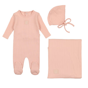 Bee and Dee Dusty Pink Classic Pointelle Footie With Bonnet and Blanket