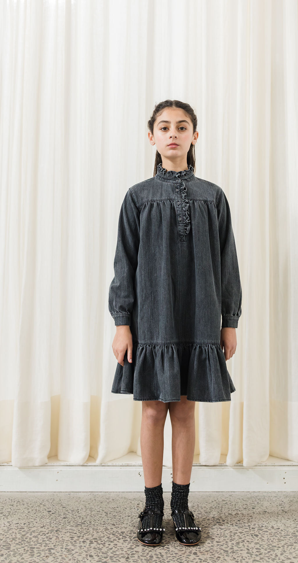 Petite Amalie Black Chambray Ruffle Neck Dress – Buttons and