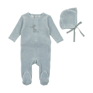Bee and Dee Classic Velour Powder Blue Footie With Bonnet